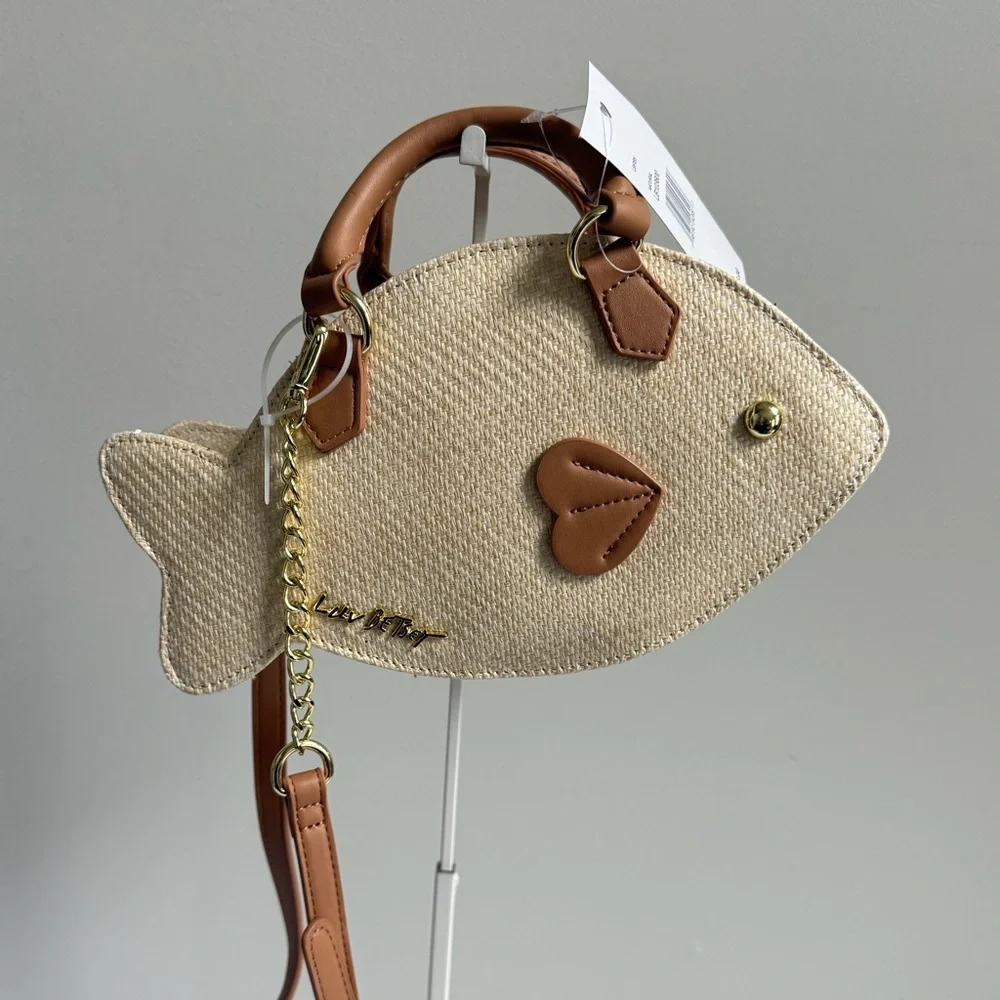 Betsey Johnson Beige Fish-Shaped Crossbody with Brown Trim